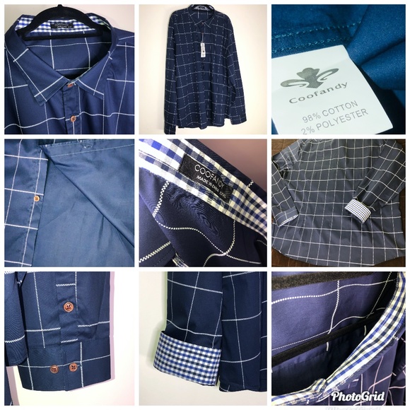 COOFANDY Men's Navy Blue Window Pane Button Down Shirt ~Sz XXXL - Picture 9 of 15